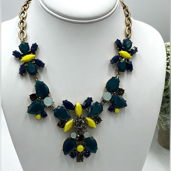 J. Crew Crystal Floral Teal Indigo Yellow Multi-Color Statement Bib Necklace - Picture 2 of 15